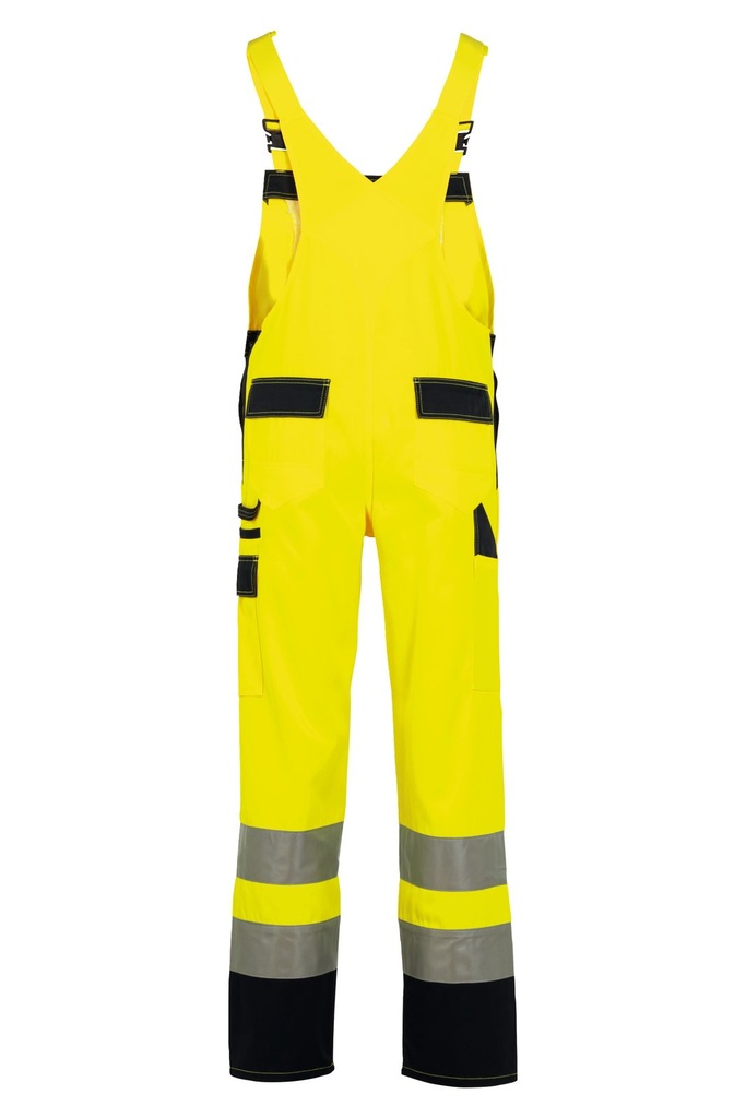 Planam Latzhose 2-farbig Warnschutz, Outdoor – Warngelb/Blau – Rückansicht