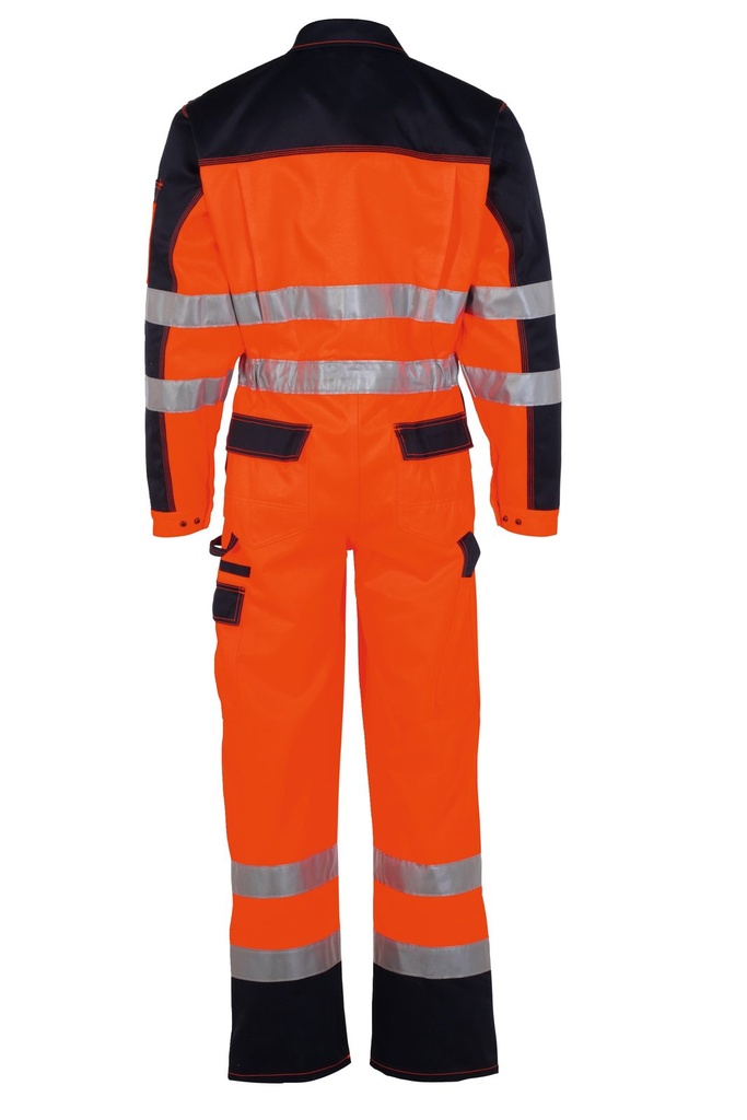 Planam Rallyekombi 2-farbig Warnschutz, Outdoor – Warnorange/Blau – Rückansicht