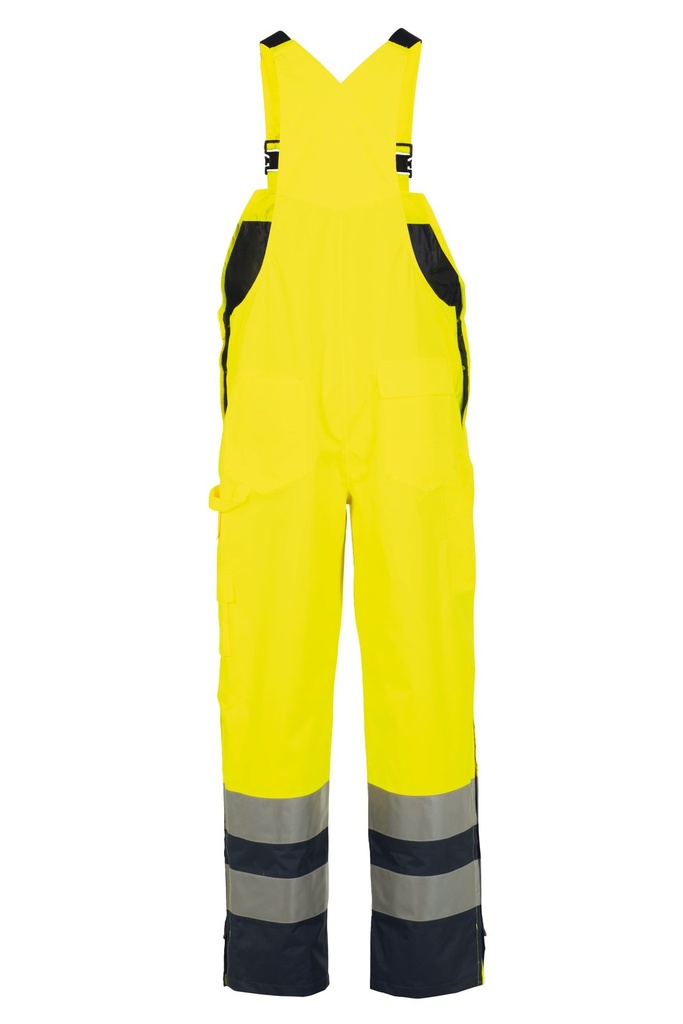 Planam Regenlatzhose 2-farbig Warnschutz, Outdoor – Warngelb/Blau – Rückansicht