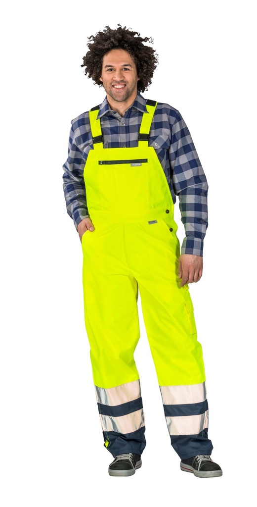 Planam Regenlatzhose 2-farbig Warnschutz, Outdoor – Warngelb/Blau – Modelansicht 1