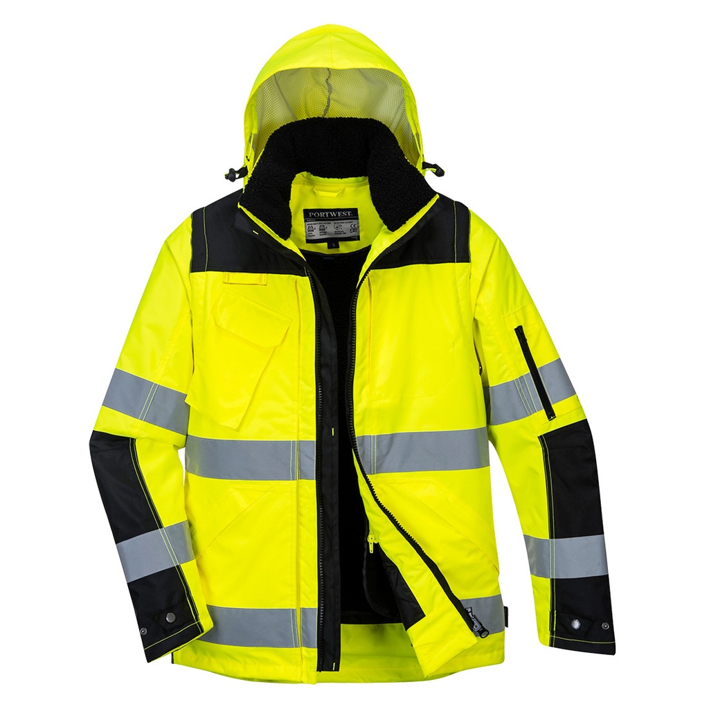[120-25-229-S] Portwest 3-in-1-Warnschutz-Winterjacke mit Kontrastbesatz (S, Warngelb/Schwarz)